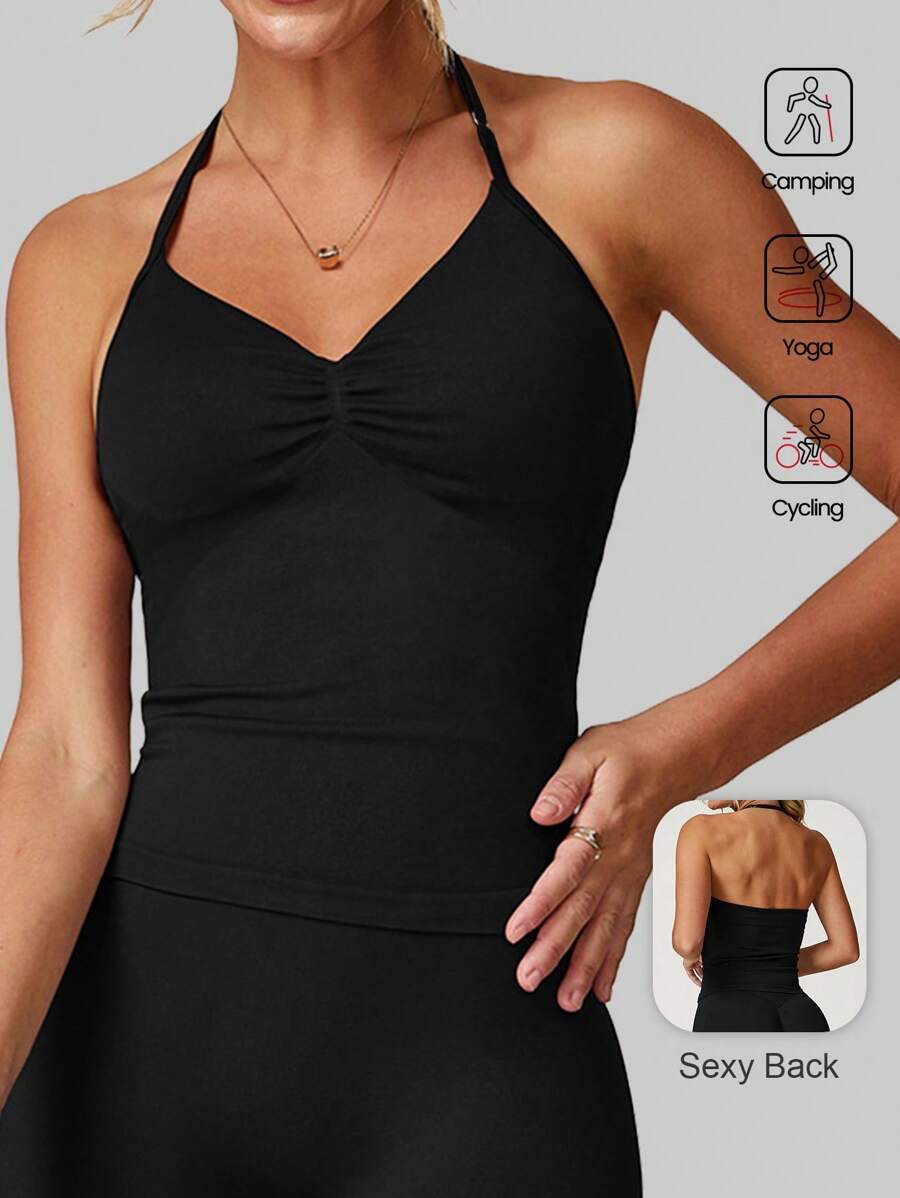 Aaseow 女士瑜伽上衣，健身瑜伽衫，运动服，露背褶皱内置胸罩罩杯上衣 - 黑色 - 查看 1