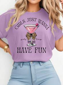 Camiseta gráfica "Girls Trip 2025", camiseta de vacaciones para mejores amigas, de tejido de punto suave de poliéster, diseño casual de cuello redondo y manga corta, gráfico lindo, perfecto para viajes de verano, top adorable para mujer - Morado - Ver 3
