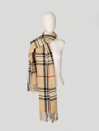 1pc Women's Fashion Classic Simple Striped Plaid Color Block Tassel Decor Scarf, Versatile Warm Windproof Scarf/Shawl For Autumn/Winter Outdoor, Casual, Travel