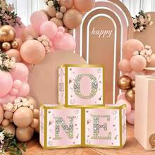 适合女孩或男孩的第一个生日装饰，3 个 ONE 气球盒，适合 1 岁女孩生日装饰，婴儿立方体积木派对装饰，带有一个字母