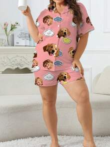 Plus Size Women's Summer Pajama Set, Collared Short Sleeve Top And Shorts, Pink Cloud & Moon Cartoon Custom Pet Portrait Graphic, Casual Loungewear