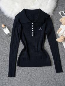 韩版女式休闲 Polo 衫复古粗针织经典纽扣领长袖上衣，带字母刺绣，修身毛衣，适合秋冬外出、街头和商务 - 藏蓝色 - 查看 9