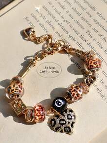 1 件豹纹樱桃 8 号台球串饰手链、1 件豹纹心形手链、1 件豹纹手链、1 件豹纹星星 DIY 手链、复古音乐节时尚手链 - 金色 - 查看 11