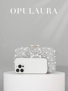 Geantă de mână mini cu strasuri strălucitoare OpulAura pentru femei, de lux, cu lanț detașabil, pentru seară, nuntă sau ocazie formală