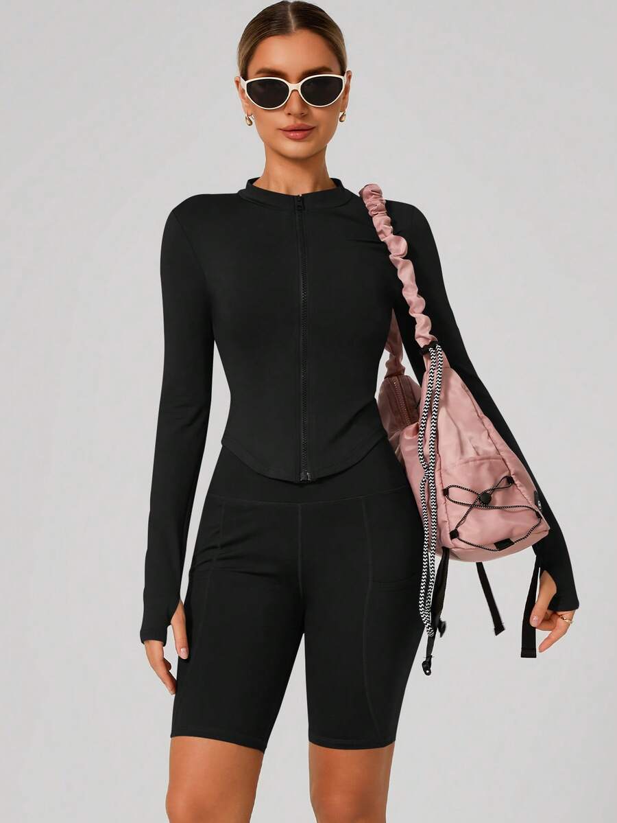 女士时尚立领拉链长袖瑜伽外套，紧身柔软，适合瑜伽服、户外健身运动，秋季健身锻炼必备