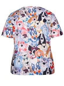 Plus Size Women's Spring & Summer Fall Cartoon Dogs V-Neck Scrub Short Sleeve Nurse Uniform Tops With Pockets For Women - Multicolor - View 2