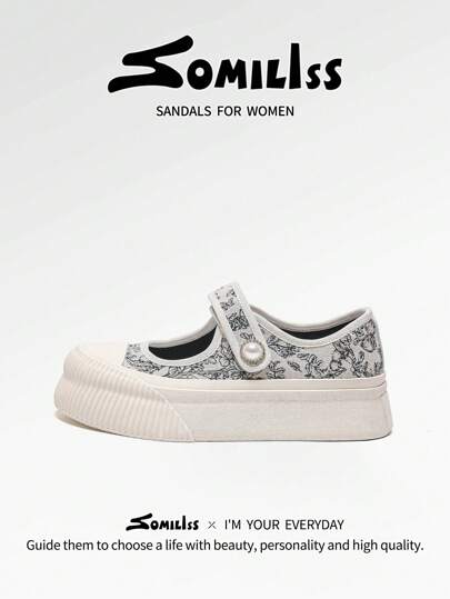 somiliss 1 Pair Women's Sports Style Non-Slip Flat Sandals, Fashion Chinese Style Embroidered Casual Lightweight Comfortable Outdoor Walking Shoes, Black, 5cm Platform, Suitable For Dresses, Summer New