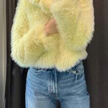 TRAFZA 女式人造毛皮优雅外套休闲奢华纯色外套保暖超大女士时尚街头长袖夹克 - 黃綠色 - 查看 4