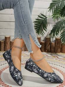 Damen Graue Totenkopf Muster Niedrig Absatz Lässig Schuhe, modisch, elegant, weich und bequem gestaltet, geeignet für Frühling/Sommer Outdoor, Reisen und Urlaub