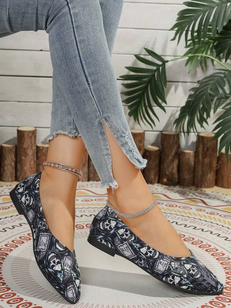 Damen Graue Totenkopf Muster Niedrig Absatz Lässig Schuhe, modisch, elegant, weich und bequem gestaltet, geeignet für Frühling/Sommer Outdoor, Reisen und Urlaub