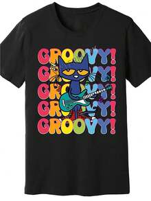 Camiseta Gráfica Cool de Pete el Gato - Camiseta de Cuello Redondo - Estilo Casual - Ajuste Regular - Tejido de Punto con Estiramiento Medio - para Hombres y Mujeres - Negro - Ver 2