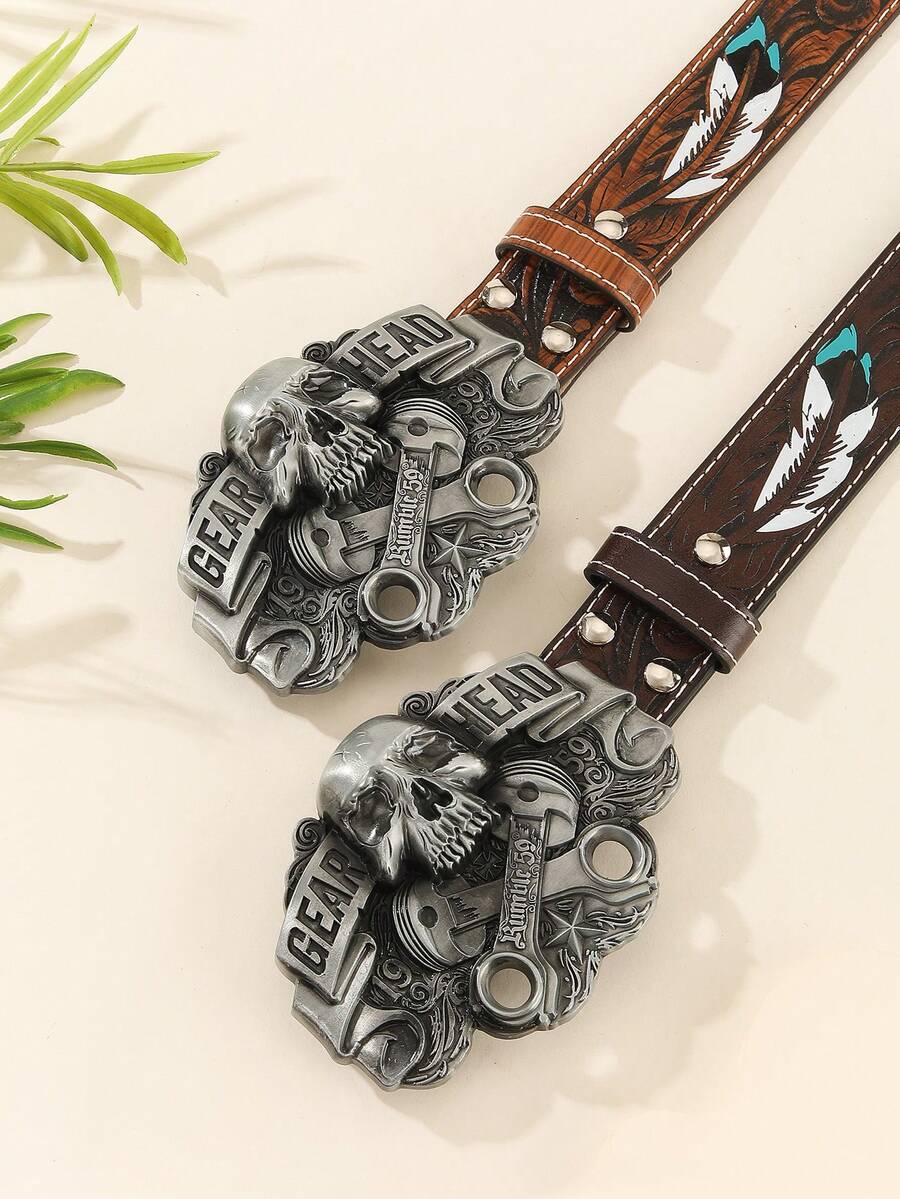 1PC Men And Women Can Use Retro Belt With Large Buckle, Domineering Personalized, Embossed PU Leather, Fashionable Retro Gothic Style - Large Skull - View 1