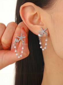 1 Paar süße und elegante Ohrringe mit Sternen, Muscheln, Perlen und Ketten für Damen im Strandstil, modischer Schmuck