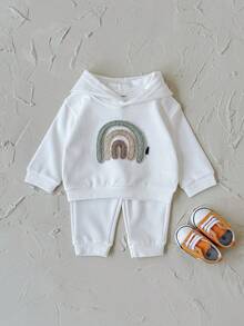 2Pcs/Set Baby Girls' Rainbow Embroidery Casual White Long Sleeve Hooded Sweatshirt & Long Pants Set, Autumn/Spring - White - View 8