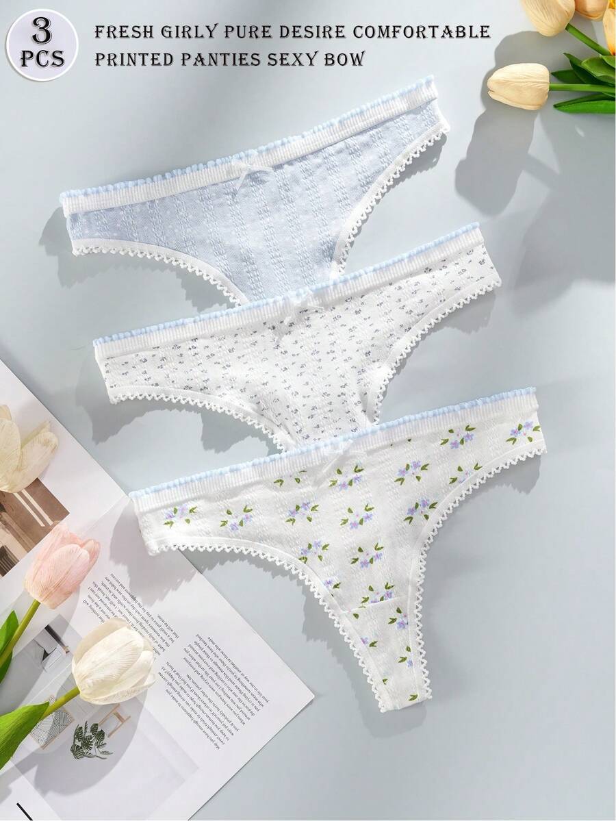 3Pcs Cute Floral Print Ladies Elegant Blue Color Thong Panty Set, Soft, Breathable, Comfortable Underwear With Bow Detail, Suitable For Yoga, Fitness, Sleep And Casual Wear, Yoga Lingerie | Playful Pattern | Soft Texture, DORSU - Multicolor - View 1