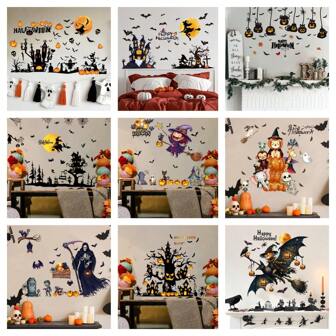 Sticker mural thème Château citrouille d'Halloween, sorcière, araignée. Décoration pour chambre à coucher, salon, arrière-plan de canapé. Décoration maison, décoration murale, stickers Halloween, décoration d'automne