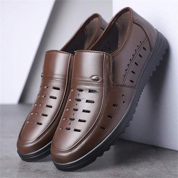 Men's Outdoor Sports Slip-On Sandals, Leather Material, Side Vents, Breathable Hollow Perforated Flat Head Casual Shoes, Suitable For Summer, Breathable Wear For Kitchen Work
