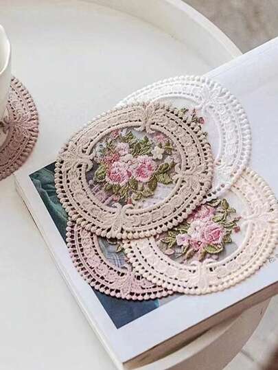 6 件刺绣蕾丝杯垫、复古蕾丝饮料杯垫、隔热餐垫、桌面装饰、圆形摄影道具