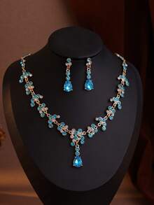 4pcs Elegant Baroque Waterdrop Rhinestone Crown Necklace And Earrings Set, Ideal For Weddings And Formal Occasions - 淺藍色 - 查看 2