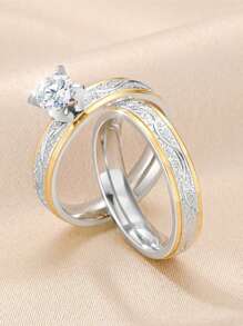 2pcs Stainless Steel Couple's Rings, Fashion Versatile Minimalist Bicolor Artificial Diamond Wedding Ring Set