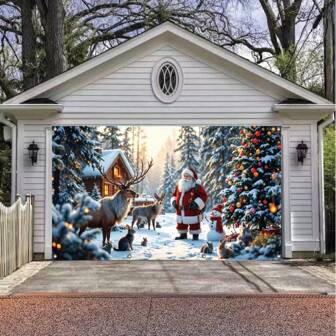 [Christmas Garage Door Banner] 1 Pc Christmas Garage Door Banner - Holiday Wall Decor With Santa Claus And Reindeer In Snowy Scene, Suitable For Outdoor Decoration During Holiday Season