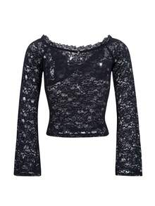 Y2K Women Sexy Fitted Off Shoulder Long Sleeve Lace Blouse - Black - View 8