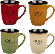 Set Of Four Rustic Stoneware Coffee/Tea Mugs W/Bible Verses Sage Green, Ivory, Paprika Red, Pumpkin Orange Inspirational Coffee/Tea Cup For Men And Women,6577380