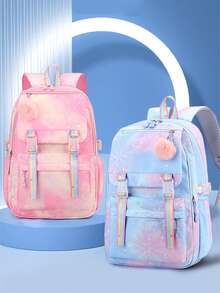 可爱的雪花色尼龙背包 - 轻巧宽敞，耐用，配有绒球饰物，非常适合上学和日常通勤，有蓝色/玫瑰色/粉色/紫色可供选择，旅行背包 - 彩色 - 查看 1