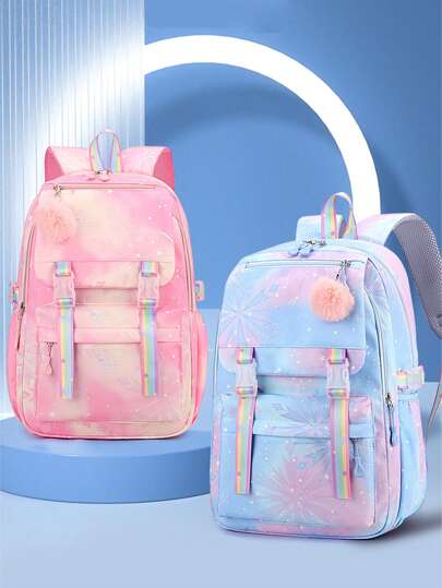 可爱的雪花色尼龙背包 - 轻巧宽敞，耐用，配有绒球饰物，非常适合上学和日常通勤，有蓝色/玫瑰色/粉色/紫色可供选择，旅行背包