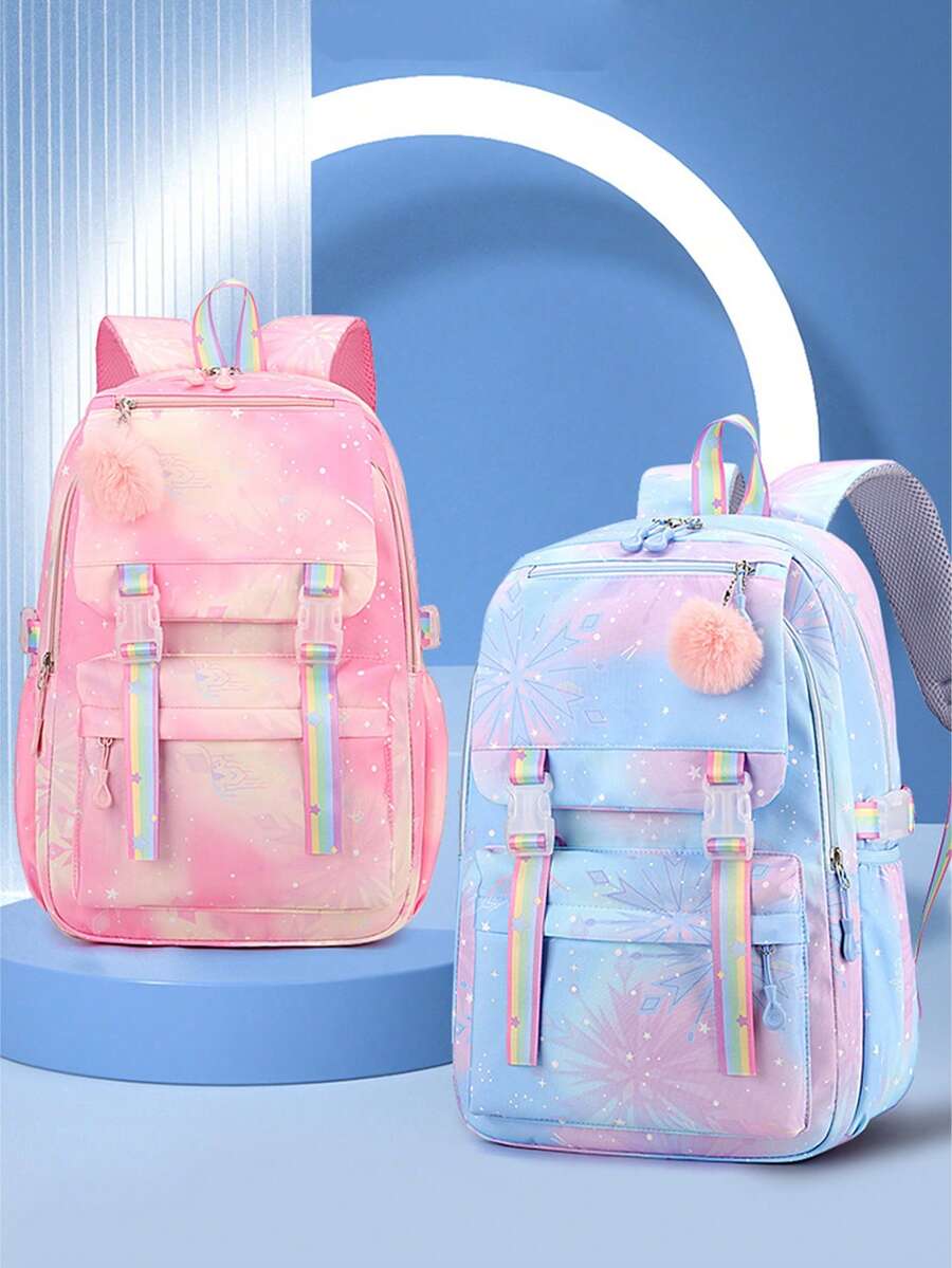 可爱的雪花色尼龙背包 - 轻巧宽敞，耐用，配有绒球饰物，非常适合上学和日常通勤，有蓝色/玫瑰色/粉色/紫色可供选择，旅行背包 - 彩色 - 查看 1