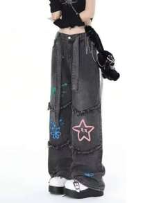 Jupkem Cute Low Rise Y2k Jeans Women Straight Leg Goth Star Graphic Wide Leg Kawaii Pants Y2k Aesthetic Baggy Jeans Korean Streetwear