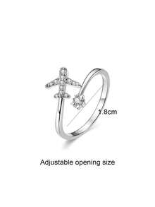1pc Crystal Embellished Adjustable Airplane & Star Design Ring, Chic & Delicate - Silver - View 2