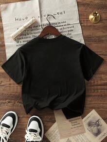 青少年男孩休閒及標語印花圓領短袖T恤，夏季 - 黑色 - 查看 4