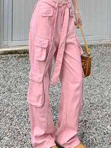 Multi Pocket Loose Slim Straight Pants  Plain    Casual    Zipper    Daily - 粉色 - 查看 2