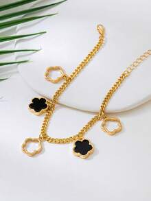 1件夏季沙滩风时尚可爱幸运四叶草吊坠脚链，适合派对、度假、送礼 - 黑色 - 查看 3