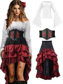 Medieval Pirate Queen Corset And Ruffle Maxi Skirt Sailor Costume For Halloween