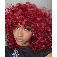 Synthetic Heat Resistant Wig Bouncy Full Curly Wig With Bangs 14 Inch BUG Chemical Fiber Wig With Bangs Daily Used Easy To Wear Beginner Friendly Big Bouncy Fluff Curly Wig - 酒紅色 - 查看 1
