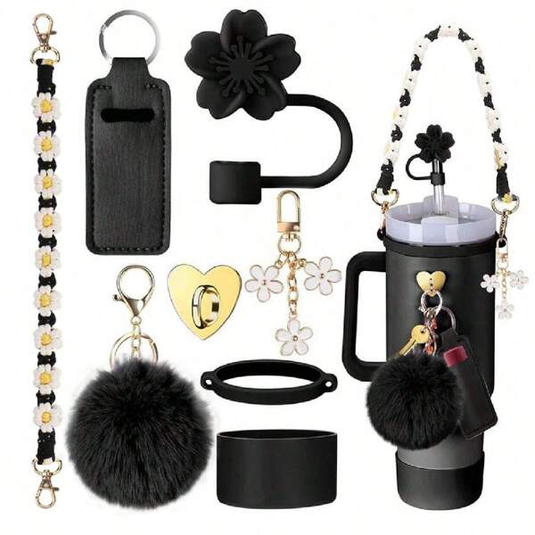 8PCS Cup Accessories For 30oz 40oz Tumbler With Handle, Including Water Bottle Handle Strap, Holder, Boot, Keychain Charms, Straw Topper Cover Cap For Cup