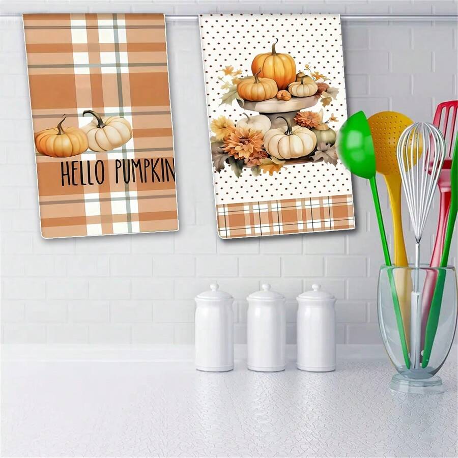2 件/套南瓜水彩条纹图案洗碗巾，农舍风格厨房洗碗布，家居装饰和浴室/厨房用品浴室厨房装饰洗碗布厨房毛巾