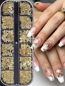 12 Grids Gold Ribbon Bow Knot Metal Cute Nail Decoration Nail Charms Ribbon Bow Design Mixed Styles Sizes Kawaii Japanese Style Nail Jewelry Accessories Nail Supplies For Home Diy Salon Nail Art Nails Nail Gems