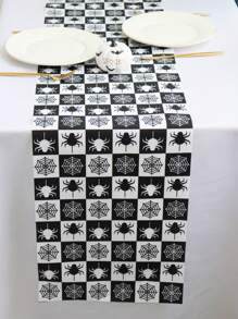 1pc/100pcs 35*180cm Halloween Spider Web Printed Polyester Tablecover - Black & White Check Design, Spider & Web Interwoven, Suitable For Halloween Party, Home Gathering, Dinner Table Decor, Classic Black & White Tone