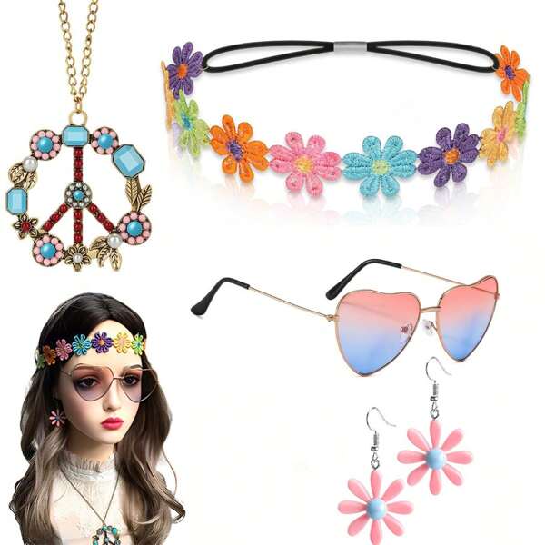 5pcs Boho Hippie Accessory Set: Necklace, Floral Headpiece, Floral Earrings, Colorful Heart-Shaped Sunglasses Halloween