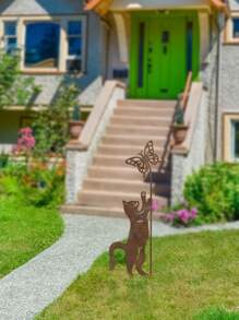 1 pieza Estaca de metal oxidado con forma de gato para el jardín, decoración de gato de metal envejecido para exteriores, ornamento para el patio o el césped para amantes de los gatos