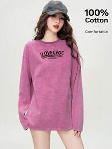 女式复古褪色美式时尚休闲棉质 T 恤 - 0A23(洗水)火龍果紅-YH769黑色 - 查看 3