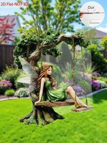 2D Flat 1pc Butterfly Fairy On Swing, Tree-Mounted Outdoor Garden Stake (15cm/5.9inch) Acrylic Printing, Sunlight Powered, Outdoor Decor For Wedding, Lawn, Battery-Free, Durable Waterproof, Best Gift For Friends And Mom