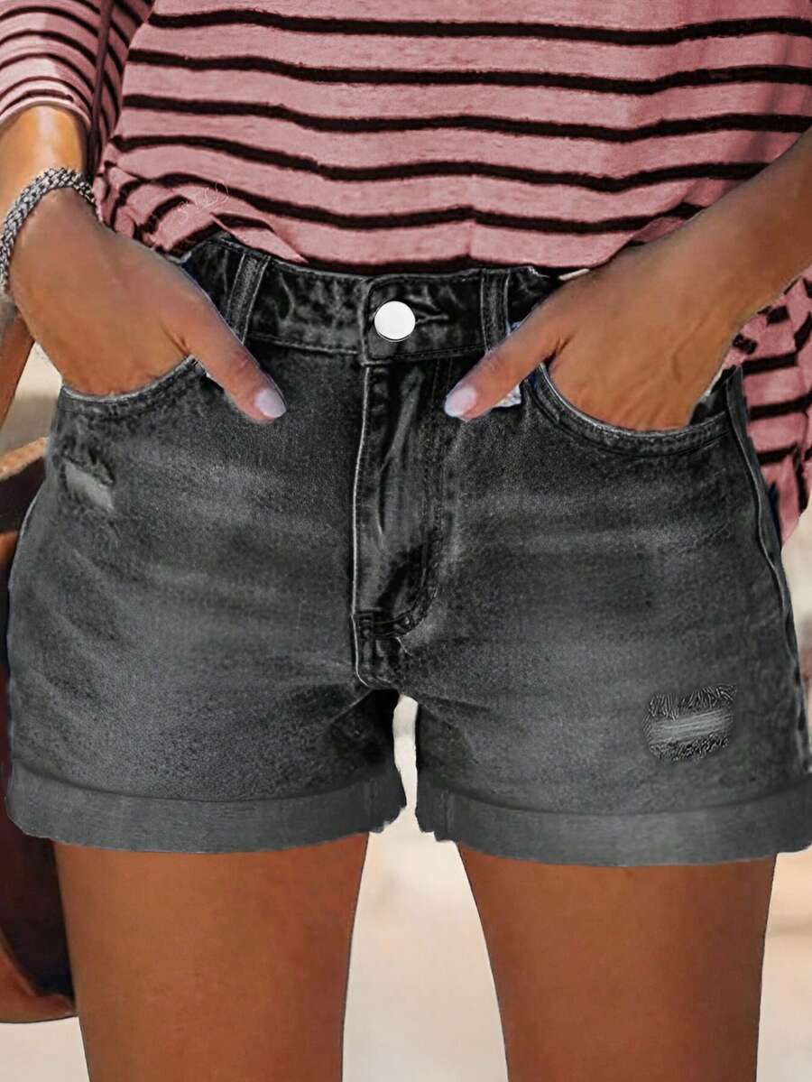 Quần short denim ống rộng dáng rộng phong cách đường phố thường ngày dành cho nữ mùa hè. - Màu xám đen - Xem 1