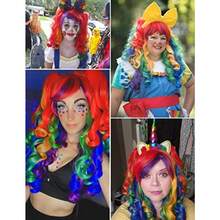 Peluca larga con rizos y 2 coletas de color arcoíris para cosplay - rosa múltiple - Ver 3