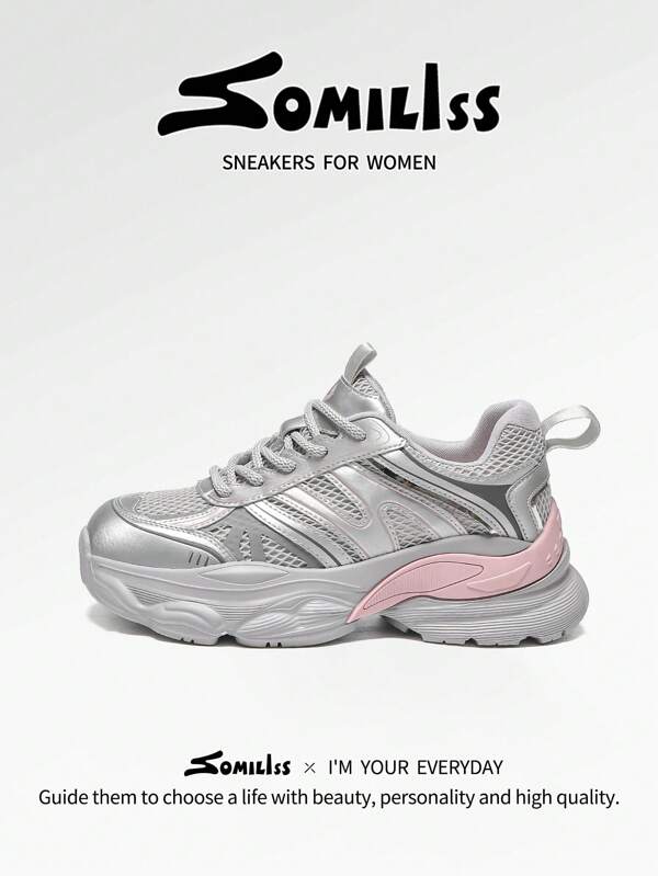 somiliss 1 Pair Women's Sportive Non-Slip Casual Shoes, Lace Up, Breathable Mesh, Lightweight, Running, Walking Flats, Low Top, Outdoor, Summer, Silver