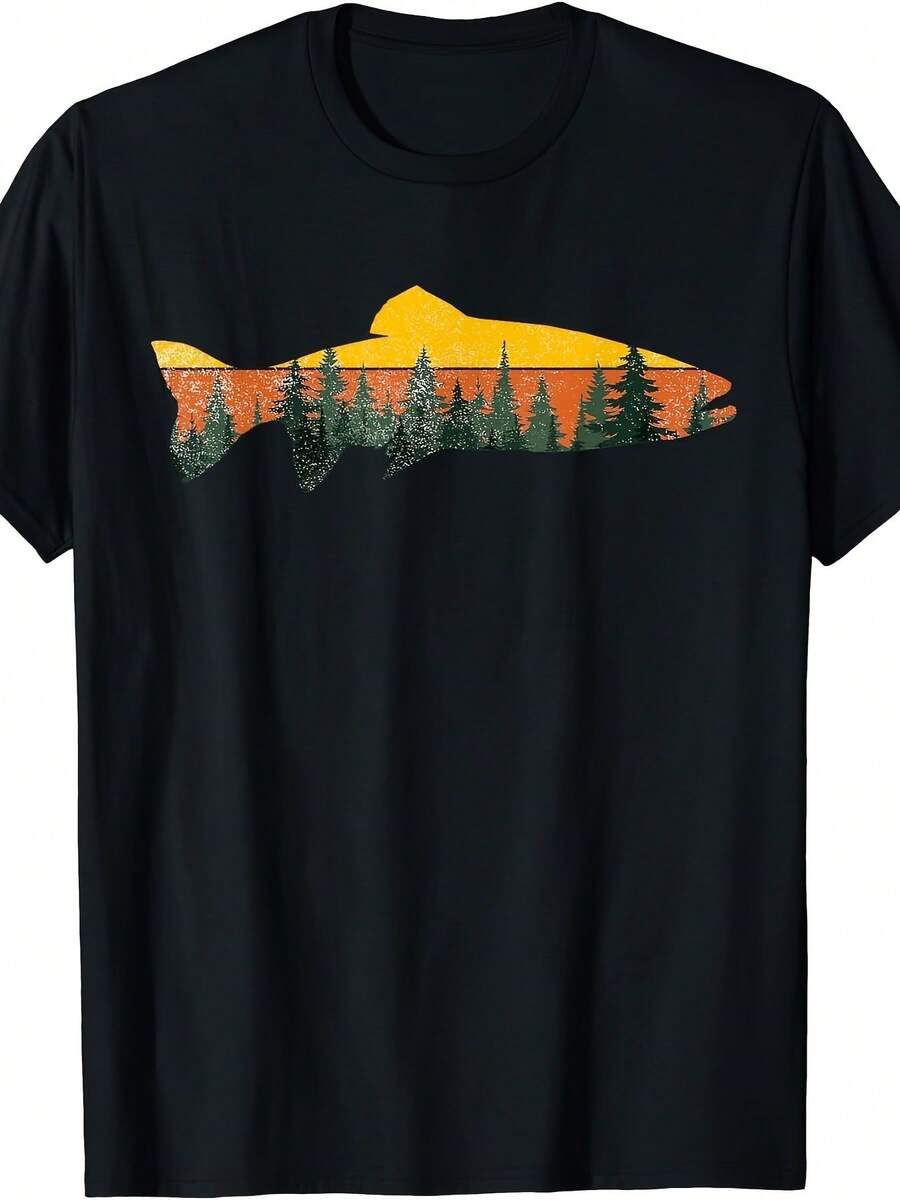 Men'S Breathable Cotton Fly Fishing T-Shirt - Quick-Dry, Round Neck With Vibrant Mountain & Forest Print For Outdoor Adventures, Casual Style, B 26002812 , Outdoor Adventure Gear |   Vibrant Graphic Tee |   Comfortable Fit, Fishing Apparel-100% Cotton T-Shirt