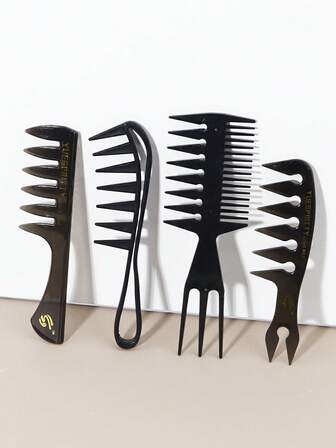 4pcs Wide Toothed Comb Set - Three Pronged Double-Sided Comb, Vintage Oil Comb, Wide Toothed Flat Comb, Portable Design, Perfect Gift For Boyfriends And Fathers